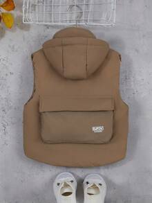 年轻男孩字母图案翻盖口袋连帽背心夹棉外套 - 棕色 - 查看 2