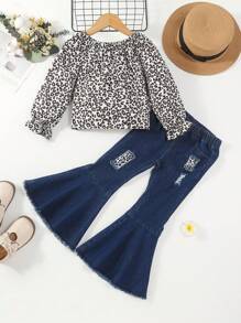 SHEIN 少女豹紋喇叭袖上衣&撕裂原創喇叭褲 - 彩色 - 查看 1