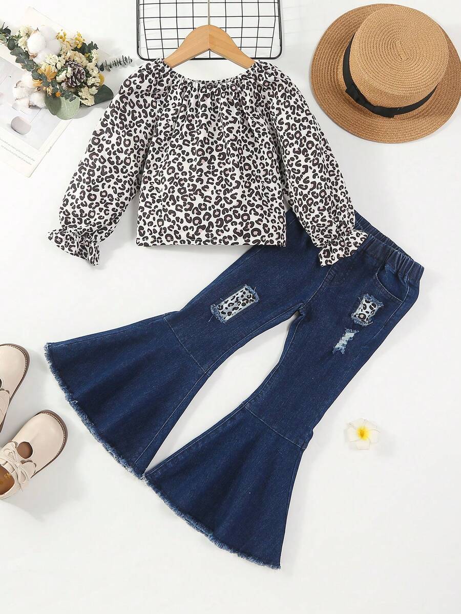 SHEIN 少女豹紋喇叭袖上衣&撕裂原創喇叭褲 - 彩色 - 查看 1