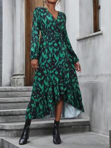 SHEIN Clasi 散花印花燈籠袖荷葉邊連身裙,可腰帶款式 - 橄欖綠 - 查看 6