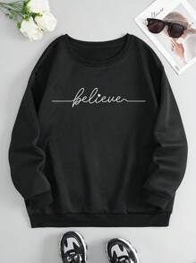 SHEIN EZwear Plus Letter Graphic Thermal Lined Sweatshirt - Black - View 1