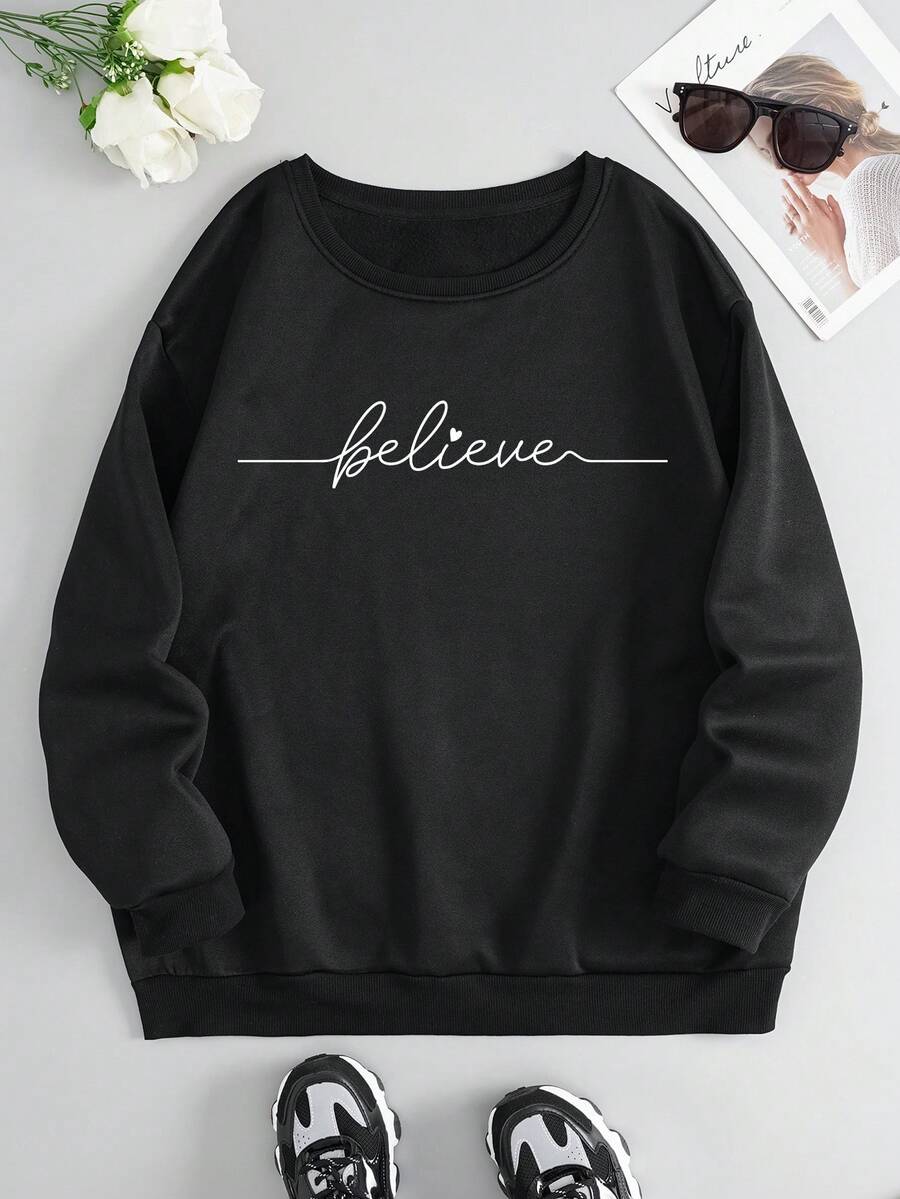 SHEIN EZwear Plus Letter Graphic Thermal Lined Sweatshirt - Black - View 1