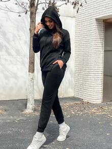 SHEIN Essnce Của phụ nữ Dây rút áo có mũ Bộ áo thun & Quần Với Viền chia cắt - màu đen - Xem 4