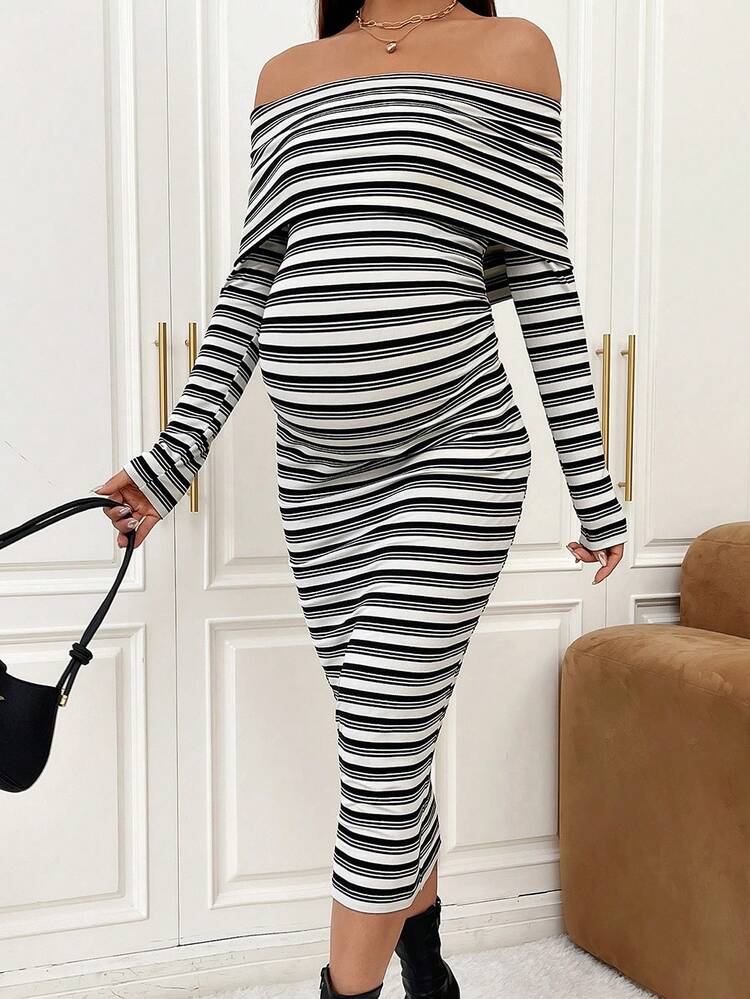 Maternity Striped Off Shoulder Bodycon Dress
