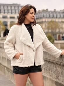 SHEIN Frenchy Plus Waterfall Collar Open Front Teddy Coat - Brown - View 6