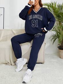 SHEIN EZwear Women's V-neck Letter & Number Printed Sweatshirt And Sweatpants Two-piece Set - Navy Blue - View 5