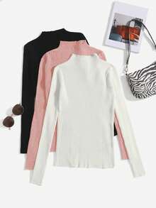 SHEIN EZwear Màu thuần Một nửa Áo cao cổ Đồ đan Ribbed Áo len - Nhiều màu - Xem 3