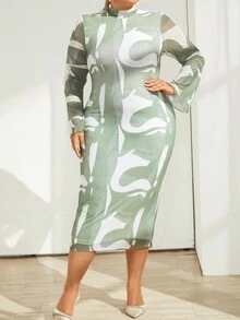 SHEIN Privé Hơn In Đồ họa tay áo lá sen Cổ giả Váy bodycon - Nhiều màu - Xem 4