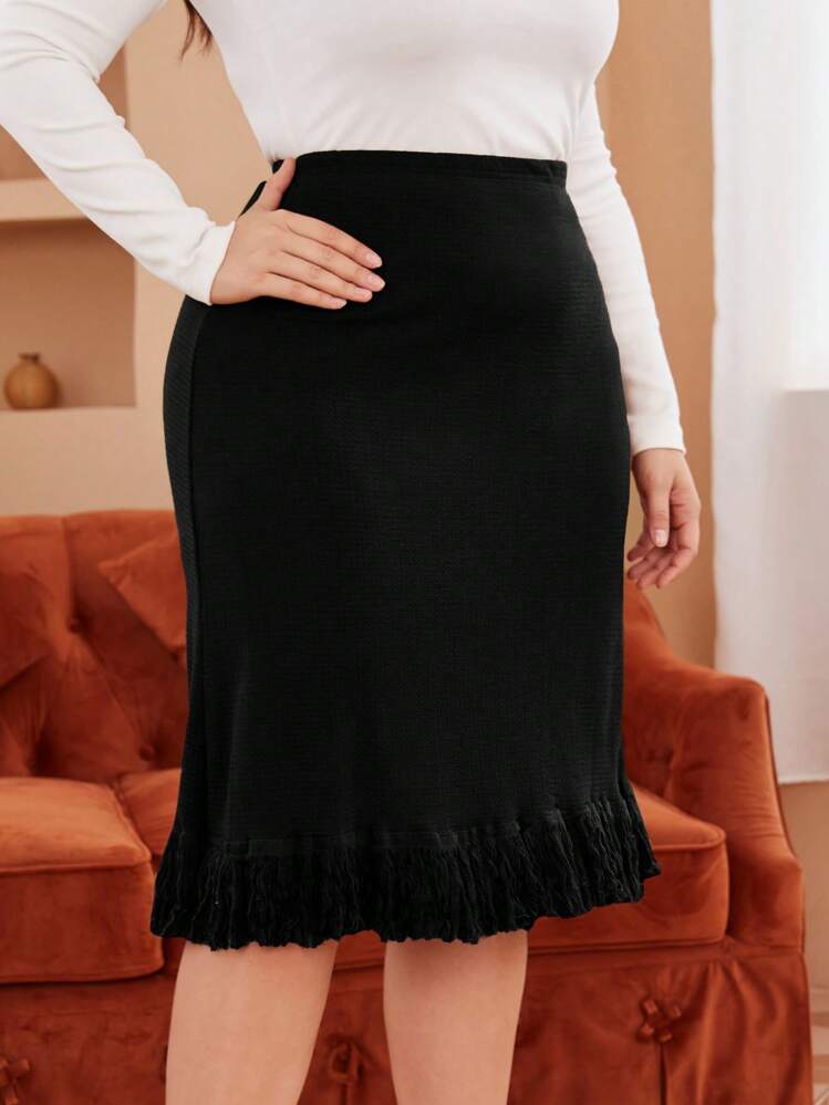 SHEIN Clasi Talla grande Falda unicolor bajo con fruncido - Negro - Añade 1