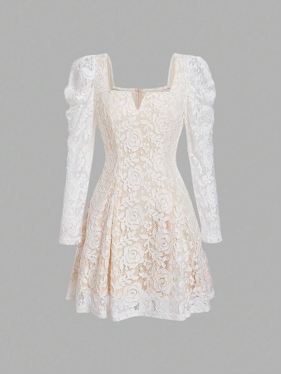 SHEIN MOD Cổ Trái tim Tay áo Ren Đầm - trắng - Xem 1