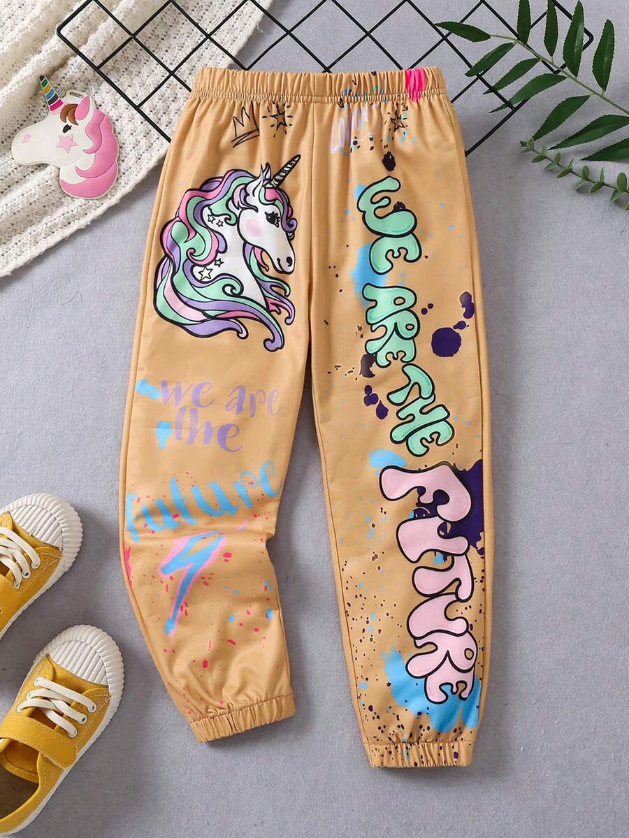 SHEIN 小女童彩色獨角獸印花休閒衛褲適用於秋天 - 棕色 - 查看 1