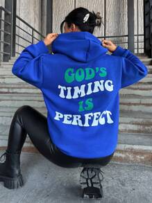 EURMUSE Slogan Graphic Drop Shoulder Hoodie - Blue - View 5