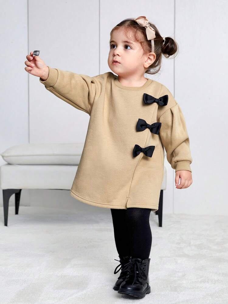 Baby Girl Khaki Color Block Bowknot Decor Long Sleeve Casual Dress,In Fall/Winter