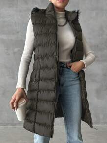 EURMUSE 毛茸邊連帽羽絨背心大衣