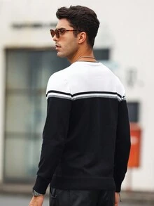 Manfinity Homme 男士條紋圓領毛衣 - 黑色 - 查看 2