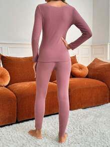 Women's Solid Color Lace Patchwork Thermal Underwear Set - Rose Red - View 2