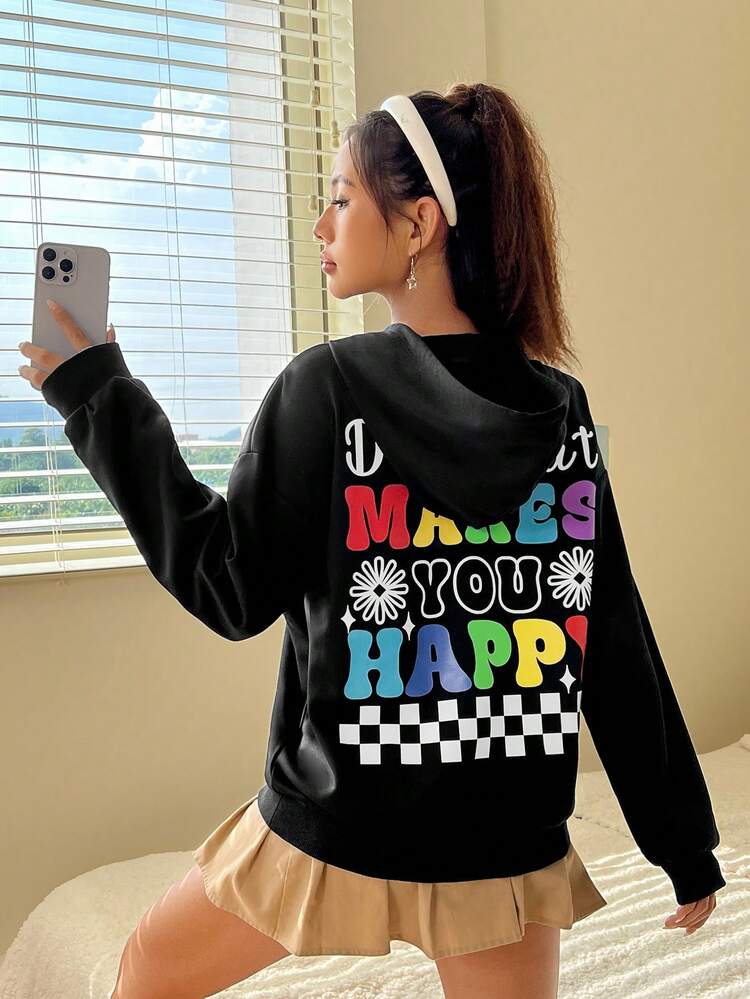 Slogan Graphic Drop Shoulder Kangaroo Pocket Drawstring Hoodie