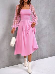 SHEIN VCAY Contrast Mesh Appliques Flounce Sleeve Square Neck A-line Dress - Pink - View 5