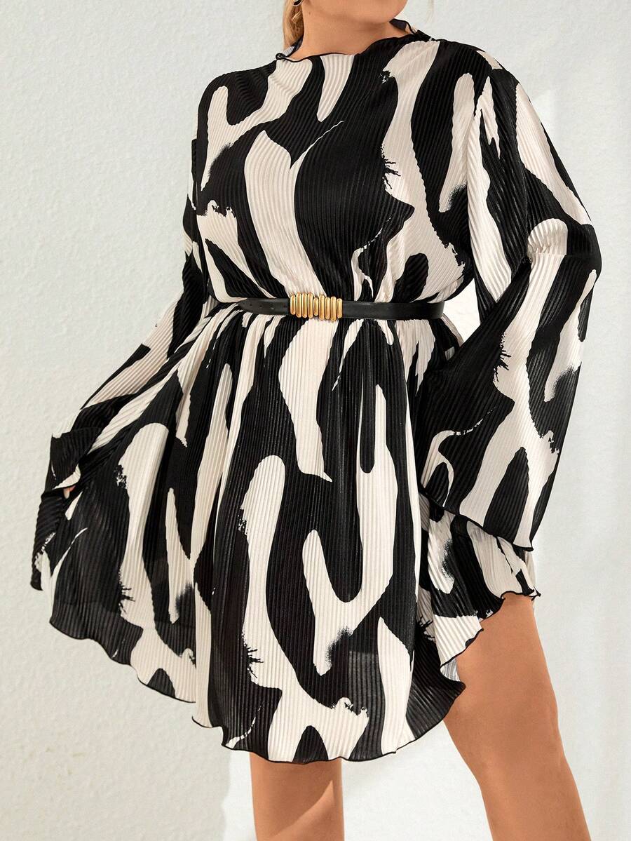 SHEIN Privé Hơn In Toàn bộ tay áo lá sen Plisse Đầm Không có thắt lưng - Nhiều màu - Xem 1