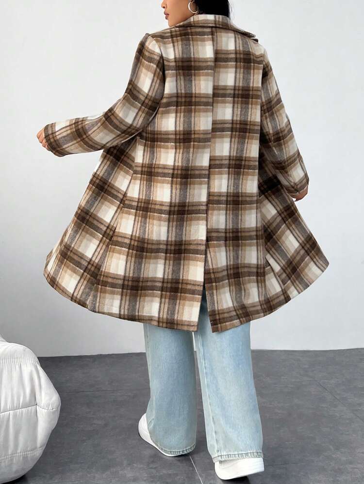 Plus Size Single Breasted Plaid Woolen Coat