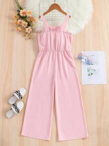 SHEIN Bộ áo liền quần kiểu lá sen mới của Tween Girl, quần dài cho mùa xuân và mùa hè, thích hợp cho kỳ nghỉ, trang phục thường ngày và hàng ngày - Hồng - Xem 2