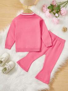 女嬰花卉圖案荷葉邊毛衣和針織褲 - 玫瑰紅 - 查看 2