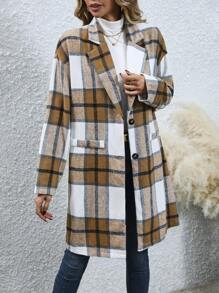 Chiquease Plaid Print Lapel Neck Overcoat Fall Cloth For Women - Yellow - View 7