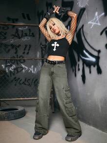 ROMWE Grunge Punk Flap Pocket Cargo Jeans Without Belt - Army Green - View 5