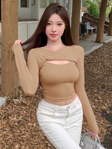 DAZY Chất rắn Cắt ra phía trước Áo phông Crop - Màu be - Xem 5