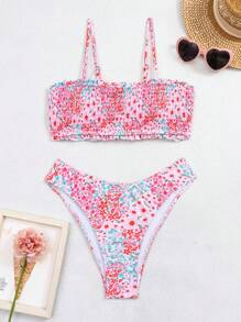 Swim Mod Summer Beach Ditsy Floral Print Shirred Bikini Set - Multicolor - View 3