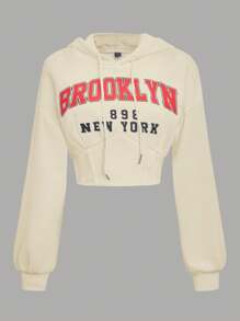 SHEIN EZwear 字母圖案落肩袖抽繩連帽衫 - 杏色 - 查看 1