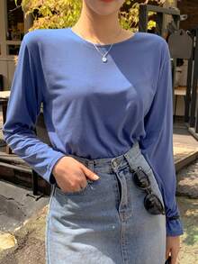 DAZY Camiseta Sólida Con Cuello Redondo - Azul - Ver 4