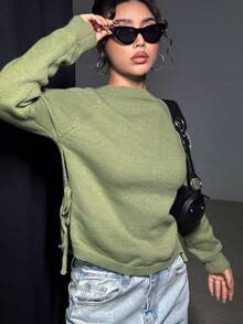 SHEIN Essnce Solid Raglan Sleeve Knot Side Sweater - Green - View 4
