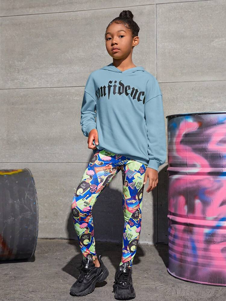 Tween Girl Letter Graphic Drop Shoulder Hoodie & Allover Print Leggings