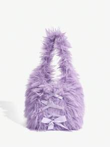 SHEIN ICON Lace Up Front Bow Decor Fluffy Shoulder Bag - Purple - View 2
