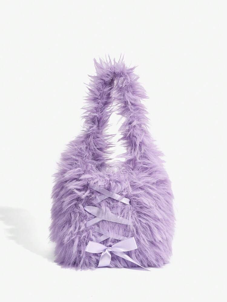 Lace Up Front Bow Decor Fluffy Shoulder Bag