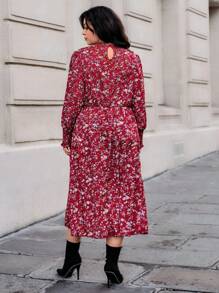 SHEIN Privé Plus Floral Print Lantern Sleeve Dress Without Belt - Red - View 2