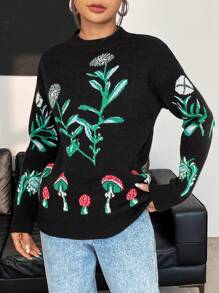 SHEIN Unity Suéter de punto con caída de hombros y estampado de flores para otoño e invierno - Negro - Ver 1