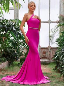 Asymmetrical Neck High Slit Thigh Length Sequined Detail Mermaid Formal Dress - Hot Pink - View 5