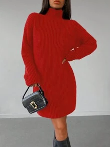 EURMUSE Vestido Estilo Suéter Con Cuello Alto Y Hombros Caídos Sin Cinturón - Rojo - Ver 5