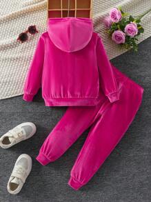 SHEIN Elladie kids 年輕女孩休閒運動字母印花長袖連帽衛衣和褲子套裝,適用於秋季 - 玫紅色 - 查看 2