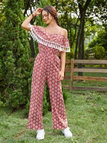 SHEIN WYWH 滿版印花流蘇邊挖肩闊腿連體褲 - 紅色 - 查看 5