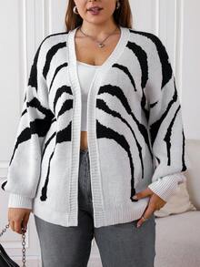 SHEIN EZwear 大碼斑馬紋圖案落肩袖開襟開衫 - 黑與白 - 查看 4