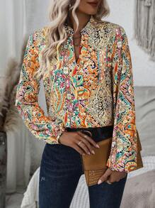 SHEIN LUNE 佩斯利印花缺口領燈籠袖襯衫 - 亮橙色 - 查看 6