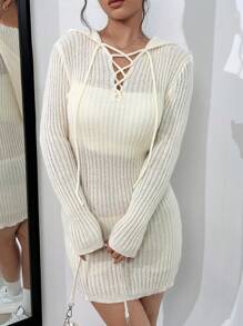 SHEIN Unity Lace Up Front Hooded Sweater Dress Without Tube Top - Apricot - View 2