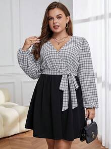 SHEIN Privé 大尺碼女式格紋燈籠袖束腰帶連身裙 - 黑與白 - 查看 6