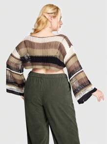 ROMWE Fairycore Plus Size Drop Shoulder With Distressed Holes Sweater, School - Multicolor - View 3