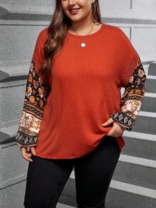 SHEIN LUNE 女款大尺寸花卉印花蕾絲拼接落肩上衣 - 橘色 - 查看 4