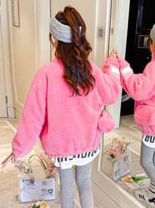 SHEIN Tween Girl Letter Patched Detail Drop Shoulder Teddy Jacket With Bag