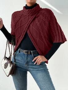 SHEIN Frenchy 1 件高領蝙蝠翼袖裹身絞花針織斗篷 - 紅色 - 查看 5